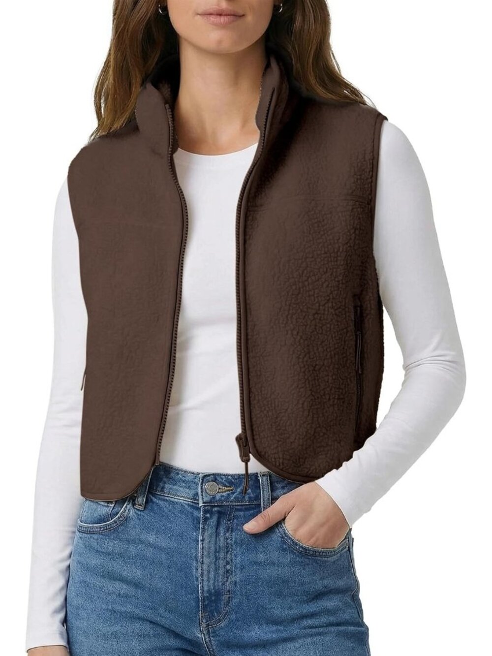 Women's Brown Cropped Fleece Vest Sherpa Sleeveless Jacket Fuzzy Vest Jacket